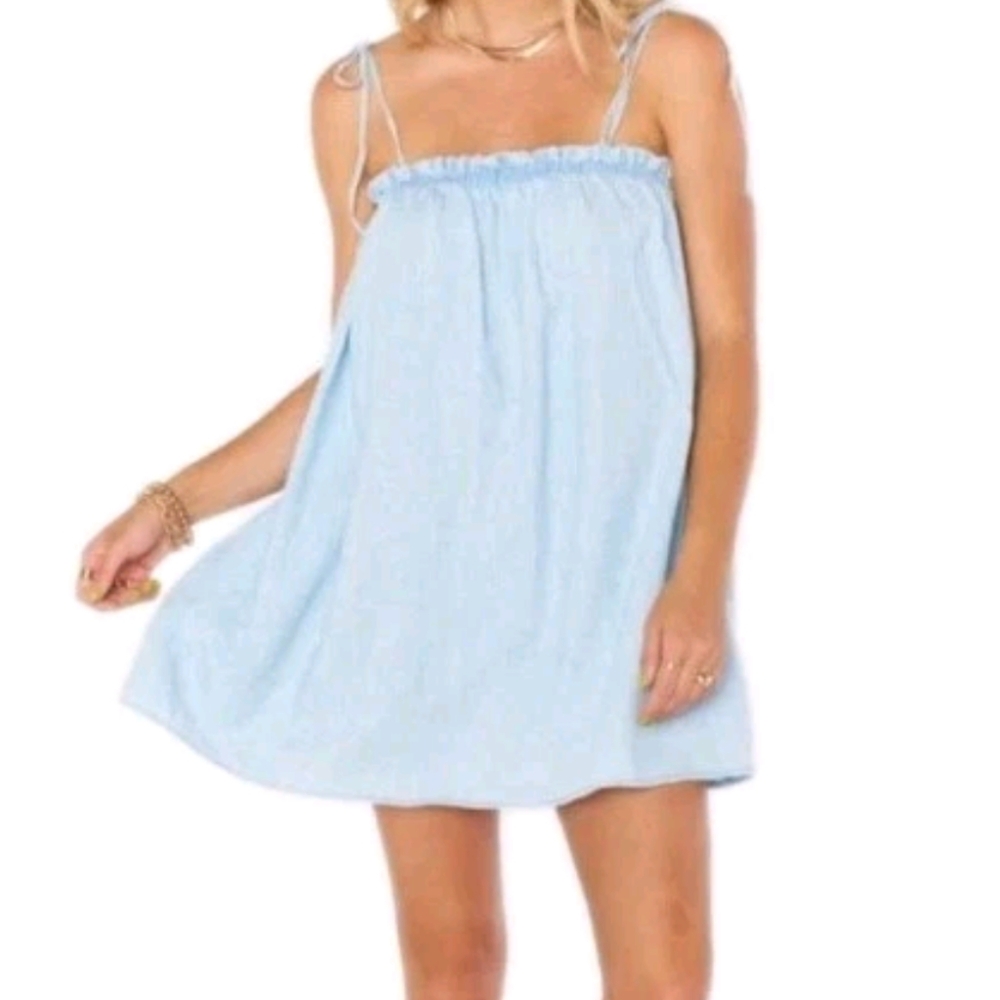 Show Me Your MuMu Angel Mini Tunic Dress Sz Med Blue Linen Chambray Coastal Nwt - Picture 12 of 14